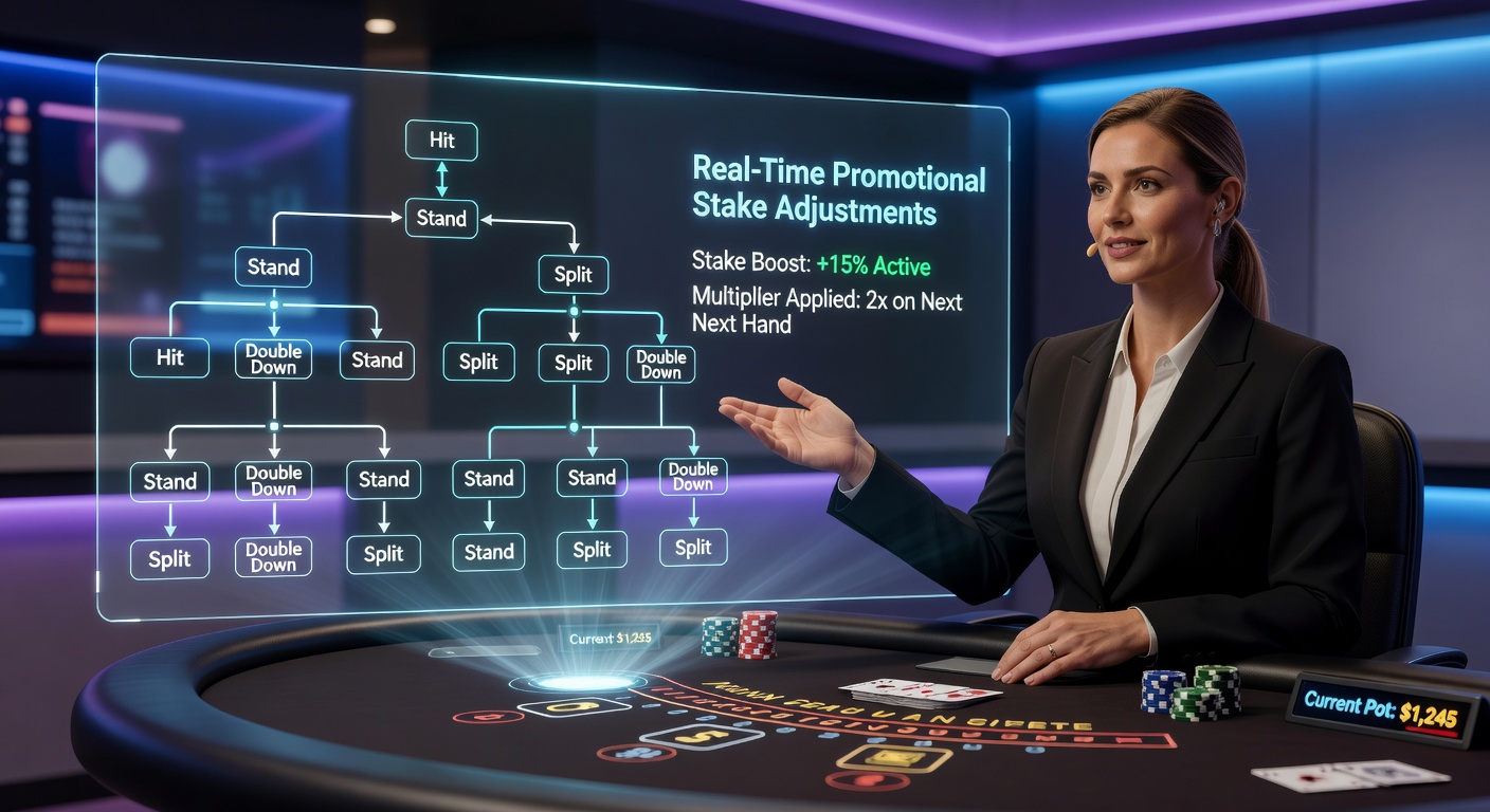 Live dealer blackjack table with overlaid decision tree paths and real-time stake adjustment notifications