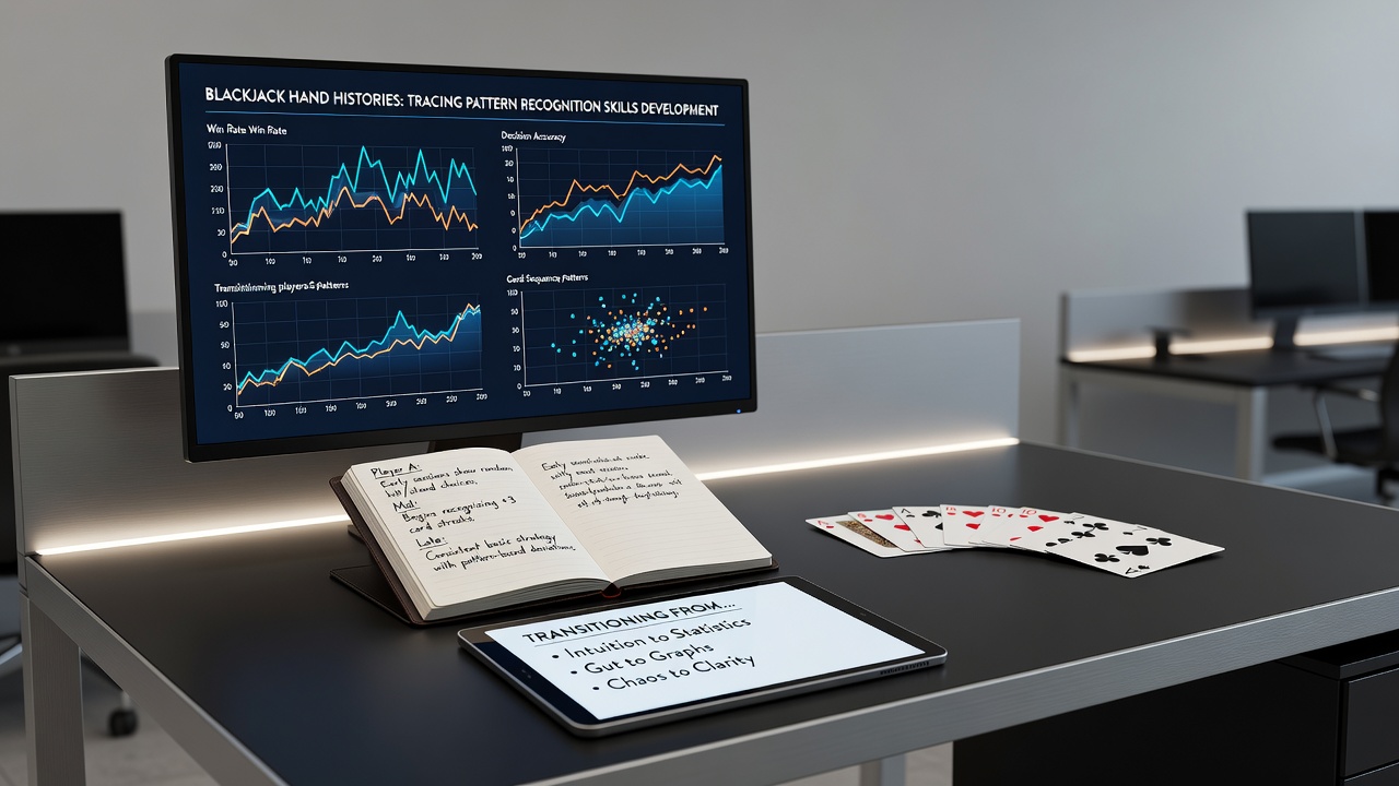 Virtueller Blackjack-Tisch mit Handhistorien-Diagrammen und Musteranalyse-Tools