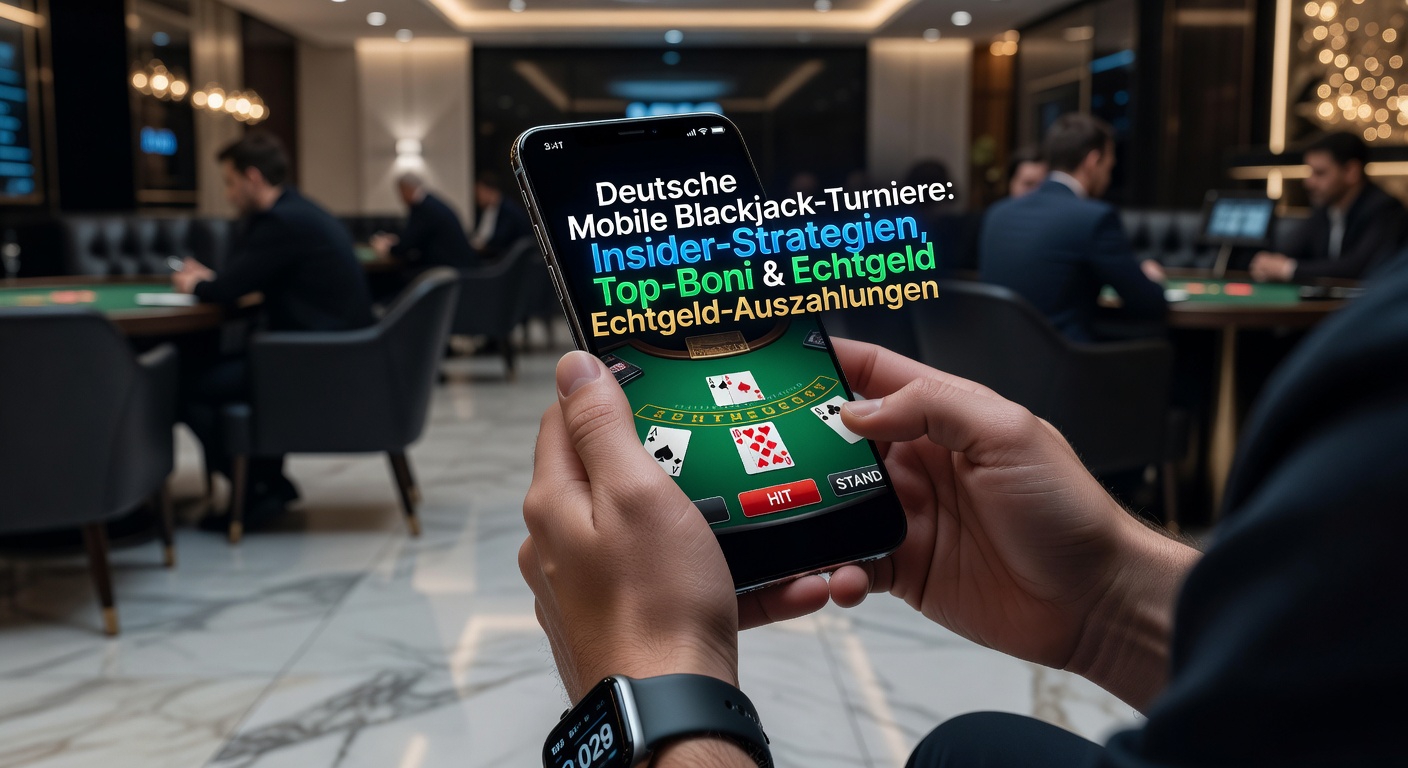 Smartphone mit Blackjack-Turnier-App auf dem Bildschirm, umgeben von Karten und Chips in deutscher Flaggenfarben