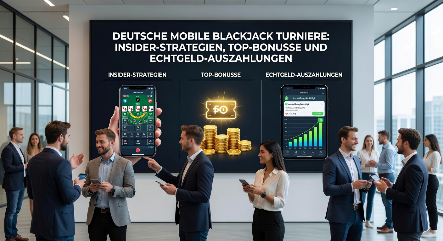 Gruppe von Spielern mit Smartphones bei einem Blackjack-Turnier, Preise und Leaderboard im Hintergrund